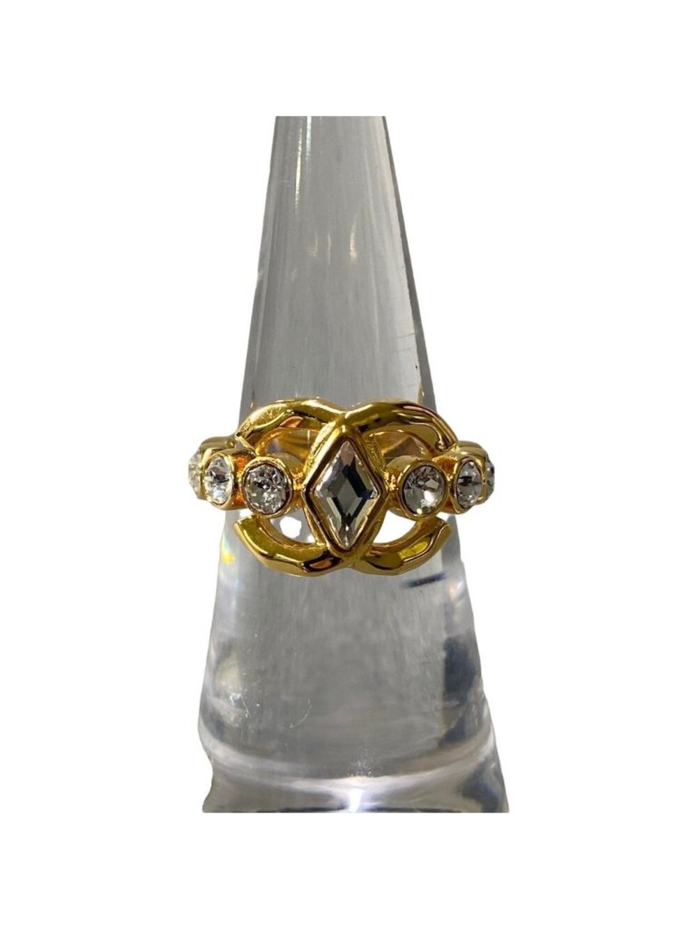 Chanel CC Logo Rhinestone Gold Ring Coco Band - Picture 4 of 7